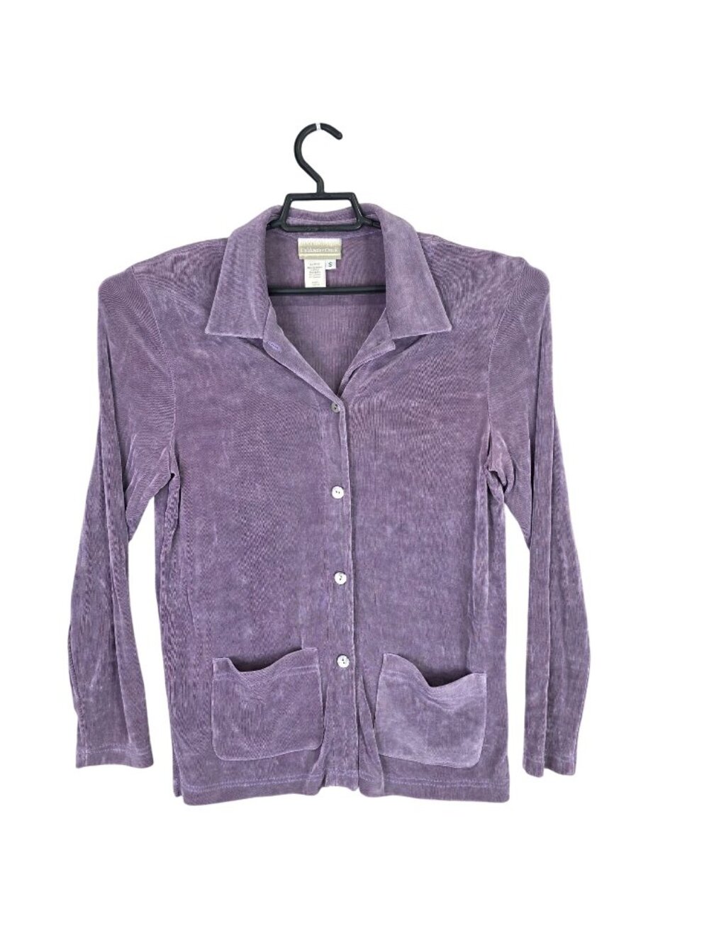 Womens Coldwater Creek Purple Velour Button Up Slinky Shirt Acetate Stretch S